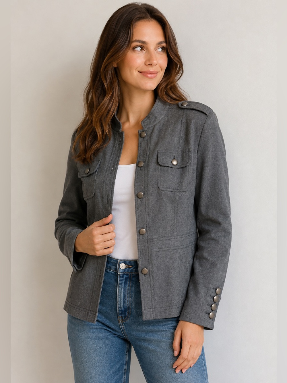 Kate Hill Women’s 14 Gray Military Utility Jacket Button Front Safari Blazer